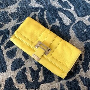 Yellow Vintage Leather Clutch Handbag/Purse Silver Buckle Magnetic Closure